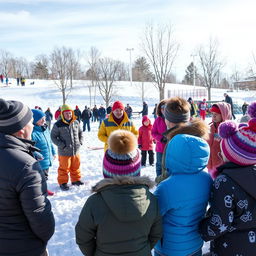 A lively winter scene featuring a lecturer addressing adults and children in a snowy landscape