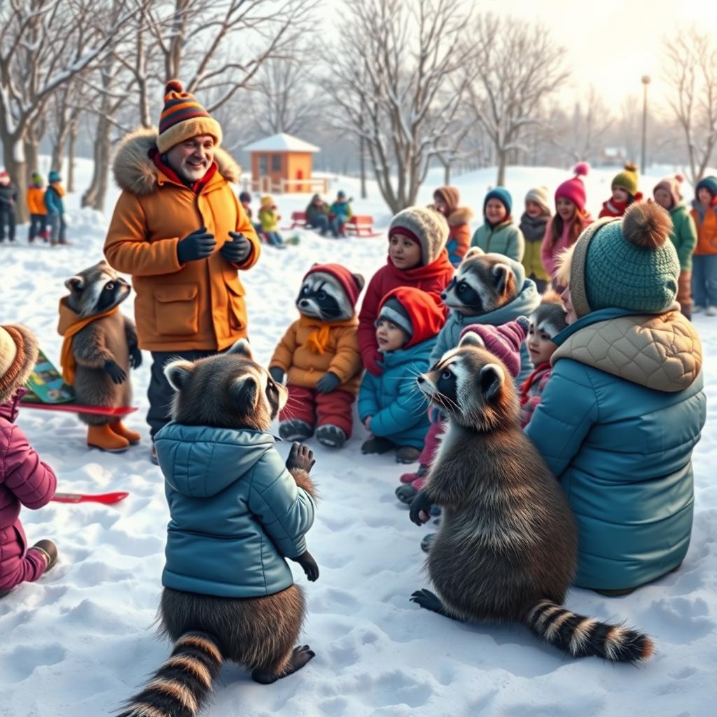 A whimsical winter scene featuring a lecturer addressing adults, children, and several raccoons in a snowy landscape