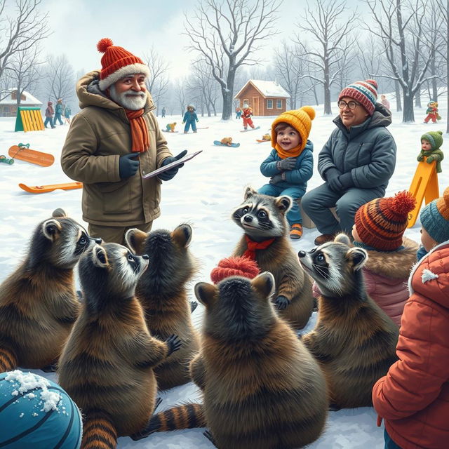 A whimsical winter scene featuring a lecturer addressing adults, children, and several raccoons in a snowy landscape