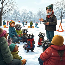 A whimsical winter scene featuring a lecturer addressing adults, children, and several raccoons in a snowy landscape