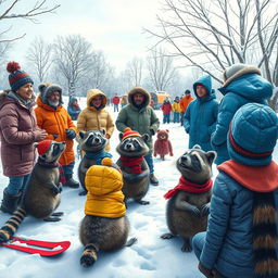 A whimsical winter scene featuring a lecturer addressing adults, children, and several raccoons in a snowy landscape