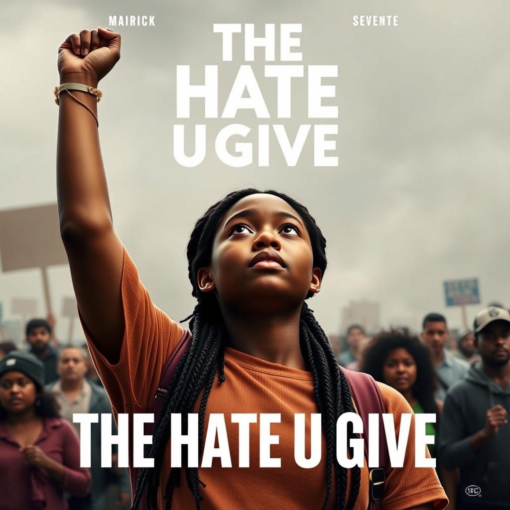 Create a movie poster for 'The Hate U Give' featuring a full-body image of 16-year-old Starr, played by Amandla Stenberg with long braids and a serious expression, in the front