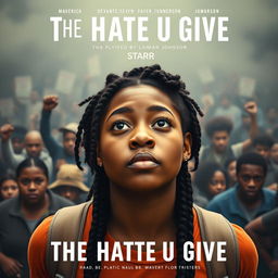 Create a movie poster for 'The Hate U Give' featuring a full-body image of 16-year-old Starr, played by Amandla Stenberg with long braids and a serious expression, in the front