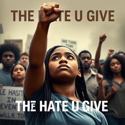 Create a movie poster for 'The Hate U Give' featuring a full-body image of 16-year-old Starr, played by Amandla Stenberg with long braids and a serious expression, in the front