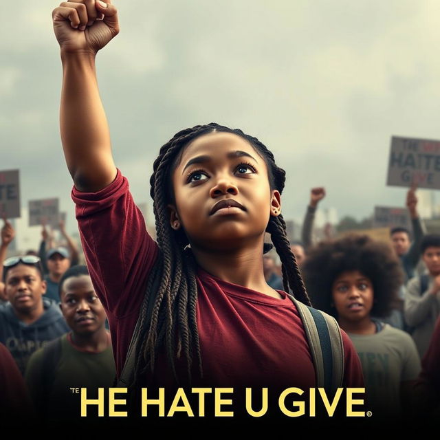 Create a movie poster for 'The Hate U Give' featuring a full-body image of 16-year-old Starr, played by Amandla Stenberg with long braids and a serious expression, in the front