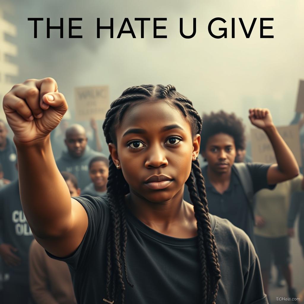 Create a movie poster for 'The Hate U Give' featuring 16-year-old Starr, played by Amandla Stenberg, with long braids and a serious expression, in the front