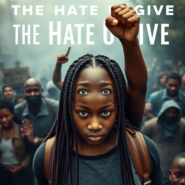 Create a movie poster for 'The Hate U Give' featuring 16-year-old Starr, played by Amandla Stenberg, with long braids and a serious expression, in the front