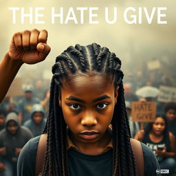 Create a movie poster for 'The Hate U Give' featuring 16-year-old Starr, played by Amandla Stenberg, with long braids and a serious expression, in the front