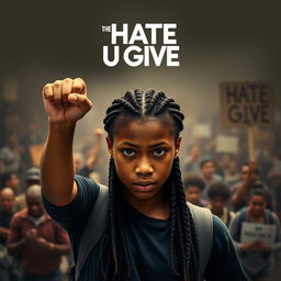 Create a movie poster for 'The Hate U Give' featuring 16-year-old Starr, played by Amandla Stenberg, with long braids and a serious expression, in the front