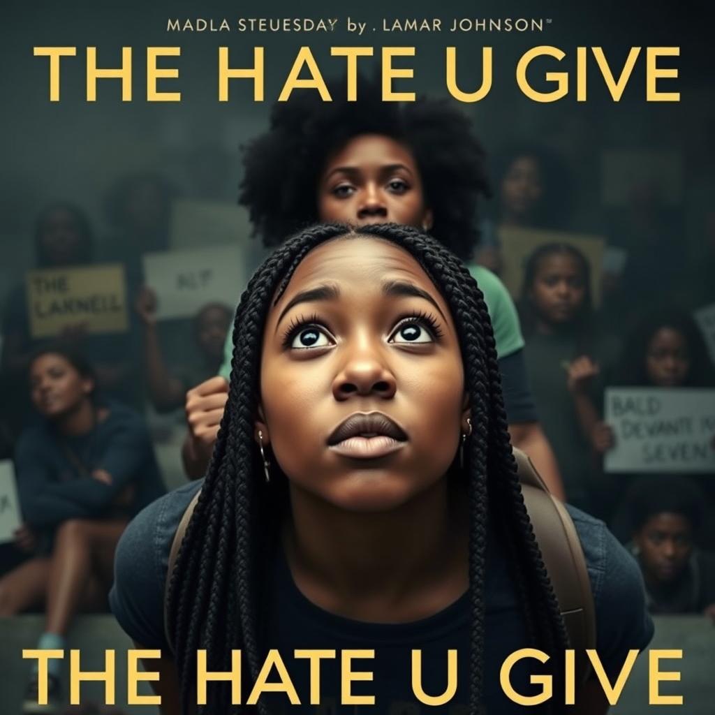 Create a movie poster for 'The Hate U Give' featuring a full-body image of 16-year-old Starr, played by Amandla Stenberg with long braids and a serious expression, in the front