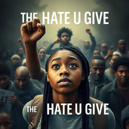 Create a movie poster for 'The Hate U Give' featuring a full-body image of 16-year-old Starr, played by Amandla Stenberg with long braids and a serious expression, in the front