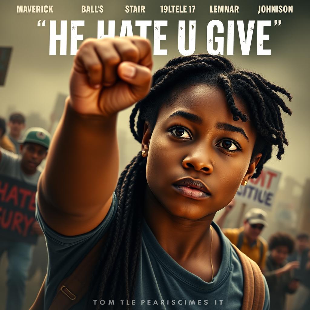 Create a movie poster for 'The Hate U Give' featuring a full-body image of 16-year-old Starr, played by Amandla Stenberg with long braids and a serious expression, in the front