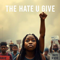 Create a movie poster for 'The Hate U Give' featuring a full-body image of 16-year-old Starr, played by Amandla Stenberg with long braids and a serious expression, in the front