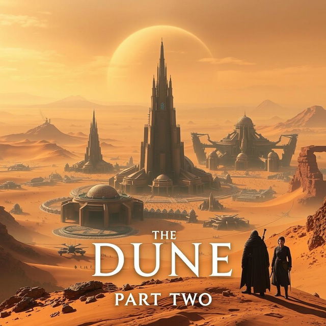 A cinematic depiction of Dune: Part Two, featuring vast desert landscapes, futuristic cities, and iconic characters from the series