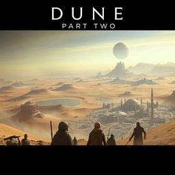 A cinematic depiction of Dune: Part Two, featuring vast desert landscapes, futuristic cities, and iconic characters from the series