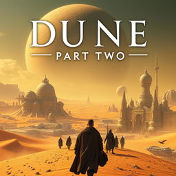 A cinematic depiction of Dune: Part Two, featuring vast desert landscapes, futuristic cities, and iconic characters from the series