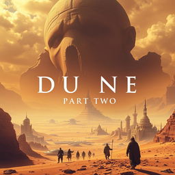 A cinematic depiction of Dune: Part Two, featuring vast desert landscapes, futuristic cities, and iconic characters from the series