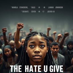 Create a movie poster for 'The Hate U Give' featuring a full-body image of 16-year-old Starr, played by Amandla Stenberg, who has long braids and a serious expression, in the front