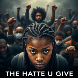 Create a movie poster for 'The Hate U Give' featuring a full-body image of 16-year-old Starr, played by Amandla Stenberg, who has long braids and a serious expression, in the front