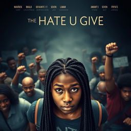 Create a movie poster for 'The Hate U Give' featuring a full-body image of 16-year-old Starr, played by Amandla Stenberg, who has long braids and a serious expression, in the front