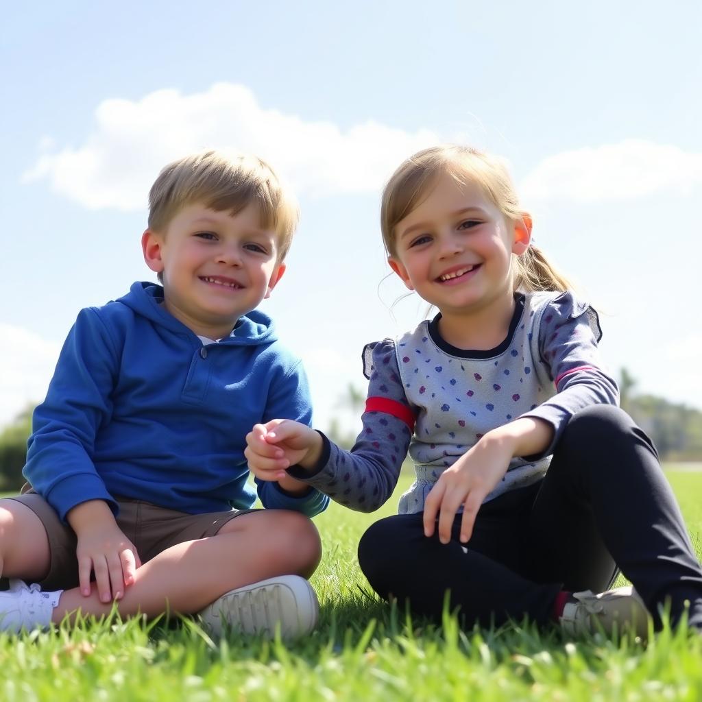 A young boy and young girl are sitting on the grass