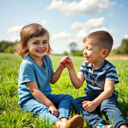 A young boy and young girl are sitting on the grass