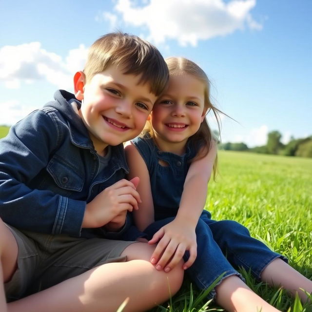 A young boy and young girl are sitting on the grass