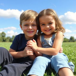 A young boy and young girl are sitting on the grass