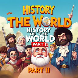 Create an image that captures the essence of 'History of The World: Part II', featuring historical figures from different eras, comedic elements, and a vibrant, engaging style that reflects the humorous nature of the content