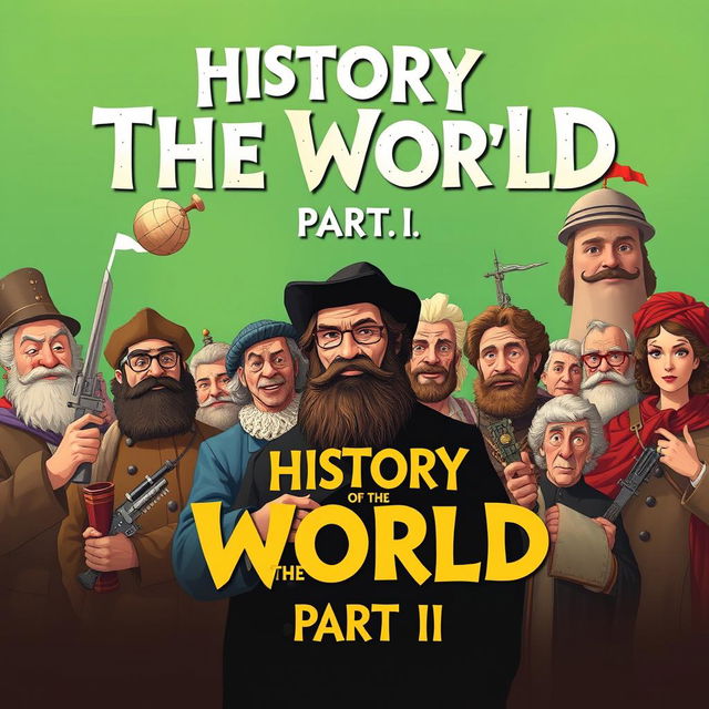 Create an image that captures the essence of 'History of The World: Part II', featuring historical figures from different eras, comedic elements, and a vibrant, engaging style that reflects the humorous nature of the content