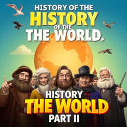 Create an image that captures the essence of 'History of The World: Part II', featuring historical figures from different eras, comedic elements, and a vibrant, engaging style that reflects the humorous nature of the content