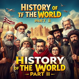 Create an image that captures the essence of 'History of The World: Part II', featuring historical figures from different eras, comedic elements, and a vibrant, engaging style that reflects the humorous nature of the content