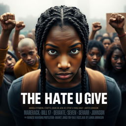 Create a movie poster for 'The Hate U Give' featuring a full-body image of 16-year-old Starr, played by Amandla Stenberg, who has long braids and a serious expression, in the front