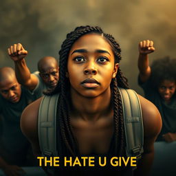 Create a movie poster for 'The Hate U Give' featuring a full-body image of 16-year-old Starr, played by Amandla Stenberg, who has long braids and a serious expression, in the front