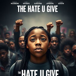 Create a movie poster for 'The Hate U Give' featuring a full-body image of 16-year-old Starr, played by Amandla Stenberg, who has long braids and a serious expression, in the front