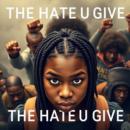 Create a movie poster for 'The Hate U Give' featuring a full-body image of 16-year-old Starr, played by Amandla Stenberg, who has long braids and a serious expression, in the front