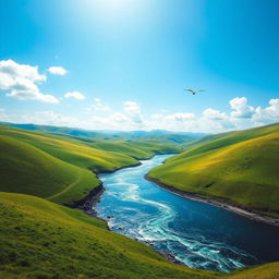 Create an image of a serene landscape with a clear blue sky, green rolling hills, and a sparkling river flowing through the middle