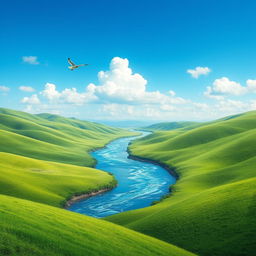 Create an image of a serene landscape with a clear blue sky, green rolling hills, and a sparkling river flowing through the middle