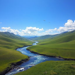 Create an image of a serene landscape with a clear blue sky, green rolling hills, and a sparkling river flowing through the middle