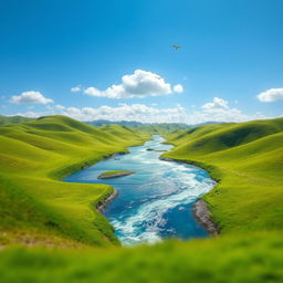 Create an image of a serene landscape with a clear blue sky, green rolling hills, and a sparkling river flowing through the middle