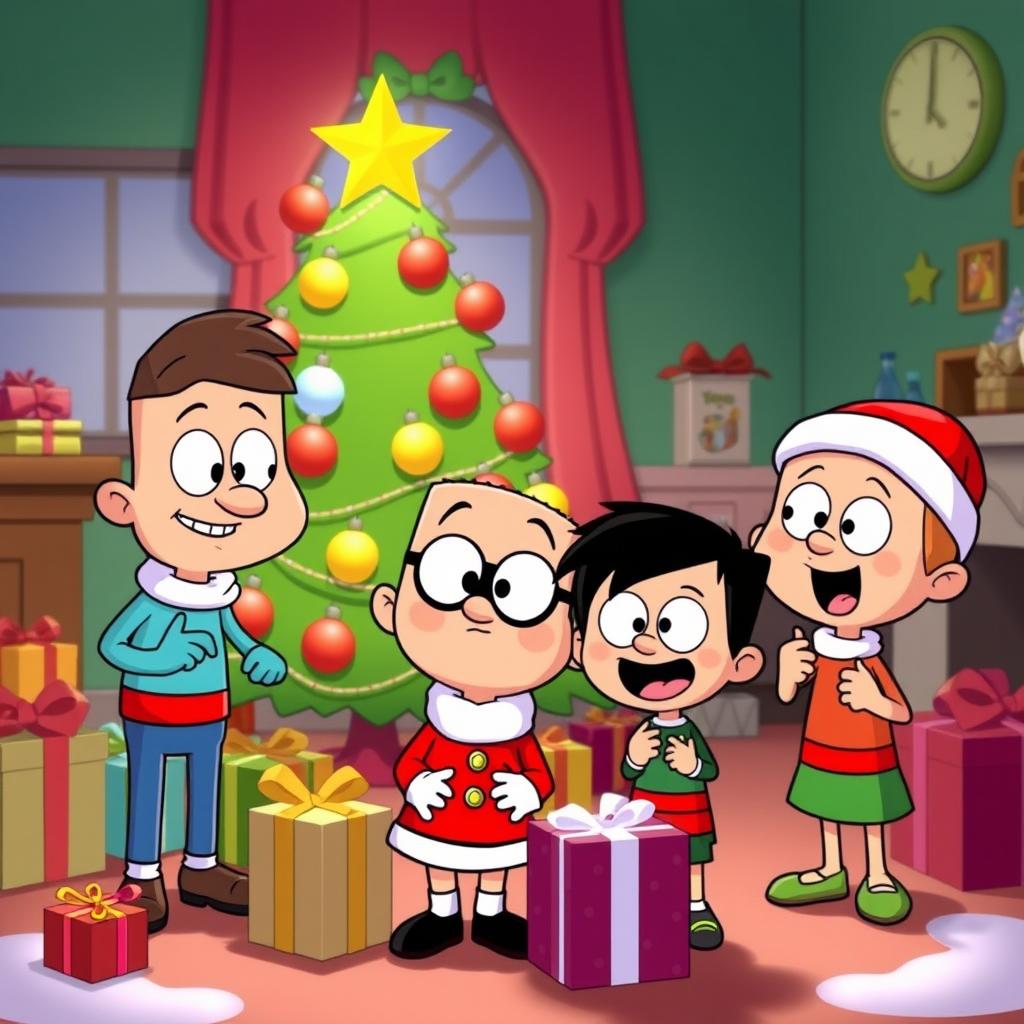 A festive scene featuring characters from The Loud House celebrating Christmas