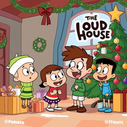 A festive scene featuring characters from The Loud House celebrating Christmas