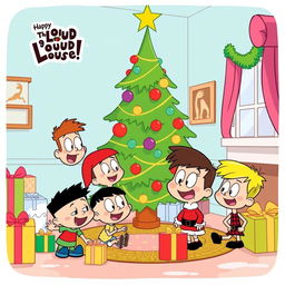 A festive scene featuring characters from The Loud House celebrating Christmas