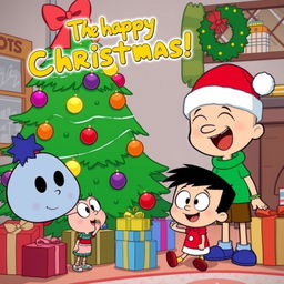 A festive scene featuring characters from The Loud House celebrating Christmas