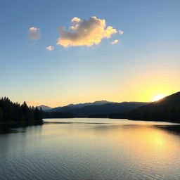 A serene landscape featuring a calm lake surrounded by lush trees and mountains in the background