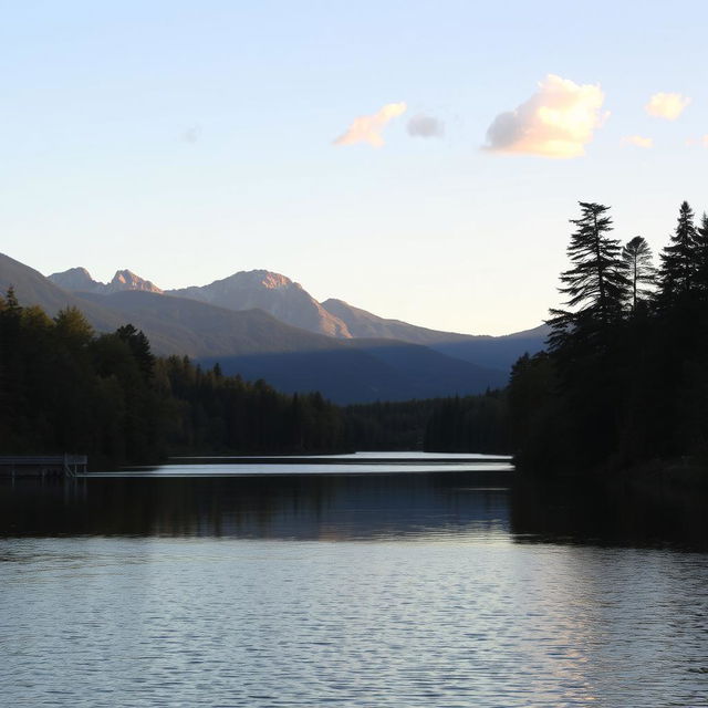 A serene landscape featuring a calm lake surrounded by lush trees and mountains in the background