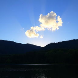 A serene landscape featuring a calm lake surrounded by lush trees and mountains in the background