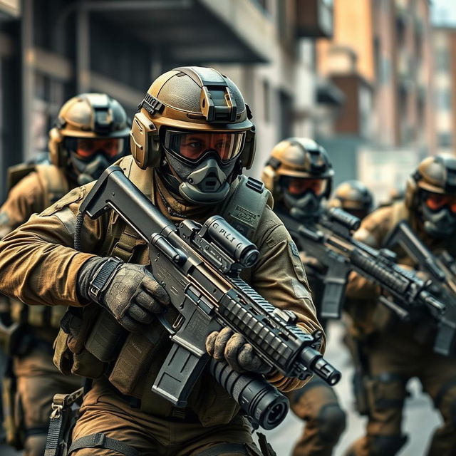 A highly detailed image of Delta Force soldiers in action, wearing tactical gear and using advanced weaponry