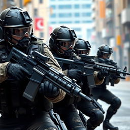 A highly detailed image of Delta Force soldiers in action, wearing tactical gear and using advanced weaponry