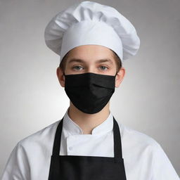 A photorealistic image of a cute teenage boy wearing a white chef uniform and black apron. He also wears a black surgical mask and a black chef's hat.